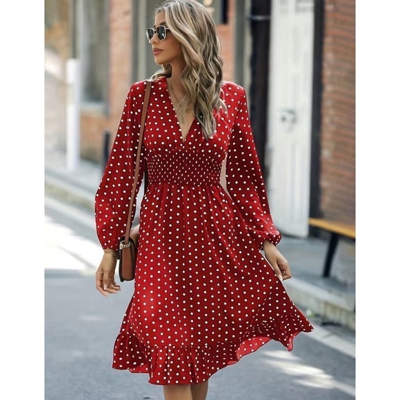 Nwt Retro V Neck Ruffle Long Sleeve Polka Dot Midi Dress Red White M L XL - Picture 4 of 6